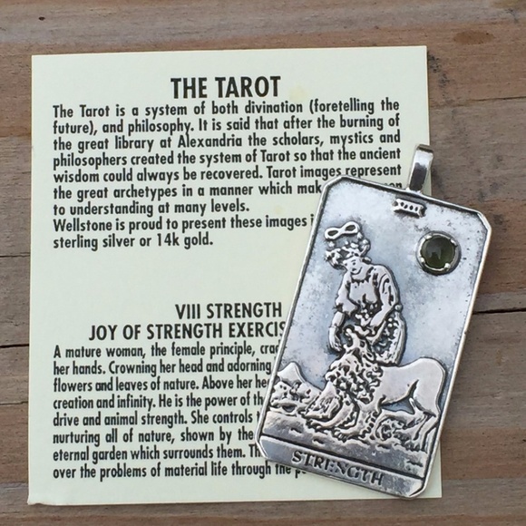 Strength Tarot Card Pendant .925 Sterling Silver w/ genuine Peridot gem USA - Picture 3 of 8